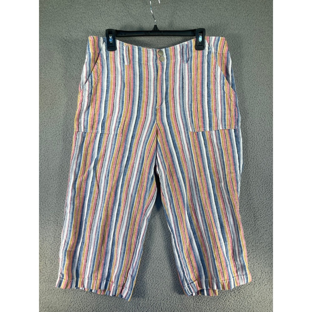 Seven 7 Pants Women's 14 Blue Stripe Linen Blend Wide‎ Leg Crop Beachy Coastal